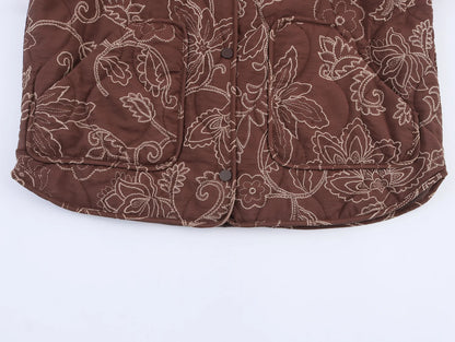 TRAF Early Autumn New Women's Elegant Printed Quilted Coat Women's Single Breasted Coat Women's Retro Street Clothing Jacket
