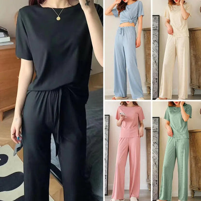 2Pcs/Set Women Sleepwear Set Colorfast O-neck Short Sleeve Leisure Outfit  Ice Silk T-shirt Elastic Waistband Pants Loungewear