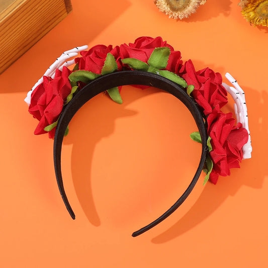 EtherealBe Halloween skeleton hand headband with red flowers and skeleton hands for festive celebrations