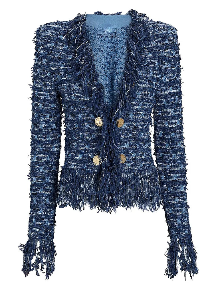 HIGH STREET Newest 2023 Fall Winter Fashion Designer Jacket Women Lion Buttons Embellished Tassel Knit Cardigan