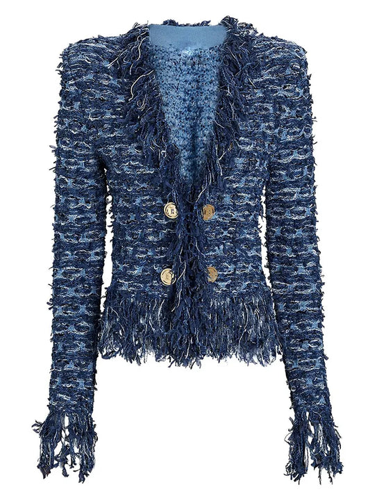 HIGH STREET Newest 2023 Fall Winter Fashion Designer Jacket Women Lion Buttons Embellished Tassel Knit Cardigan