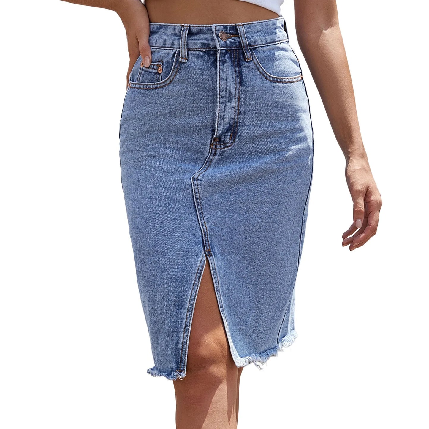 Jean Skirts for Women Summer High Waist Mid Length Front Slit Wrap Hip Denim Skirt Casual Temperament Denim Pencil Skirt