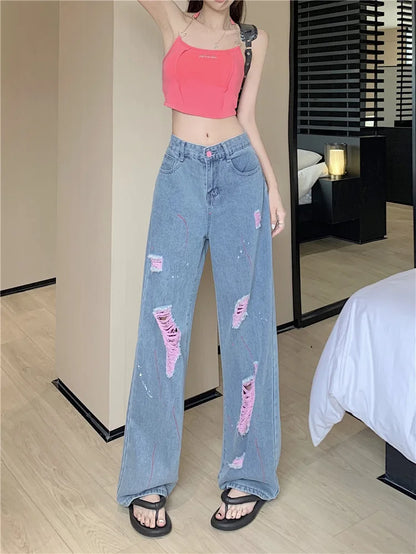 Jeans Women Ripped Niche Design 2025 Summer New High-waisted Slimming Loose Casual Straight Wide-leg Pants