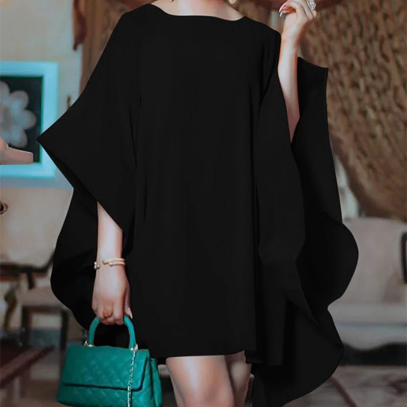 Lemongor 2024 New Elegant Batwing Sleeve Party Evening Orange Dress Summer Fashion Solid Color Round-neck Mini Dresses For Women