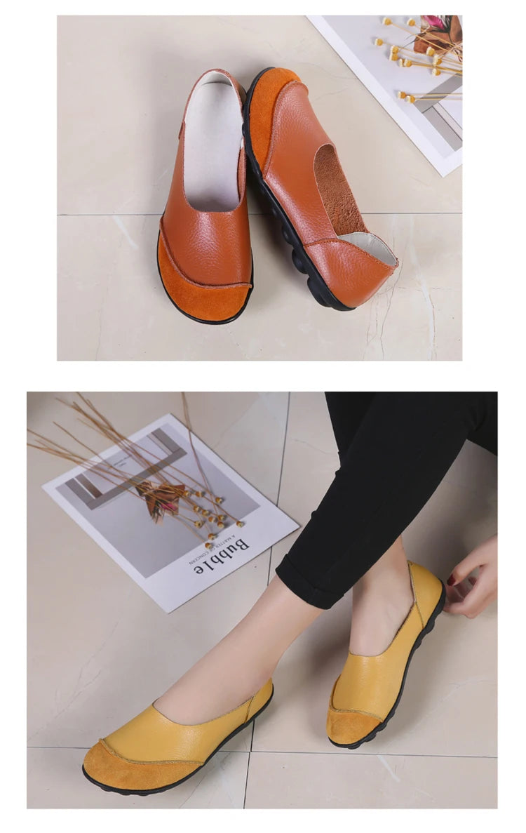 Women's shoes casual flat walking low heel loafers leather solid color large size casual single shoe work shoes44