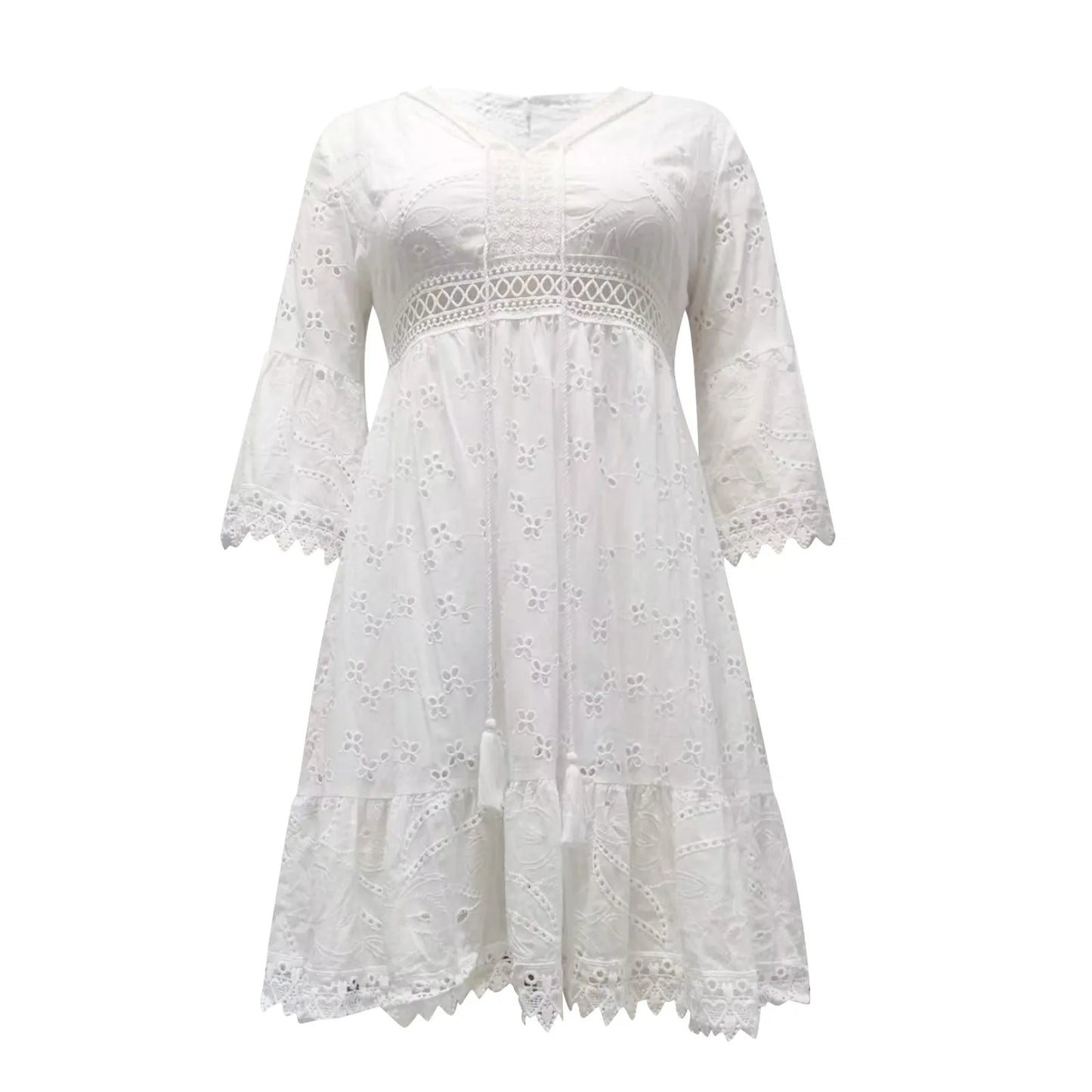 Summer Boho White Dresses for Women Lace Hollowed Crochet Cotton Dress Lady Beach Sundress Short Sleeve Loose A Line Dress Robe