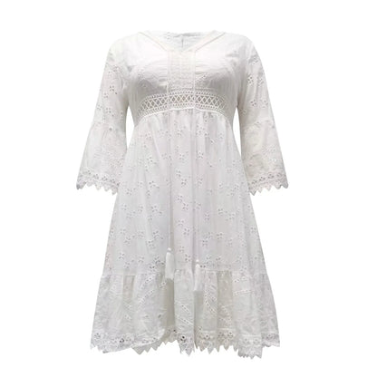 Summer Boho White Dresses for Women Lace Hollowed Crochet Cotton Dress Lady Beach Sundress Short Sleeve Loose A Line Dress Robe