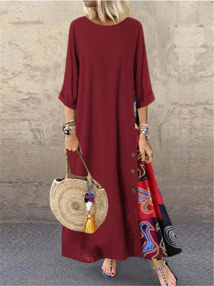 Autumn New Women's Dress Fashion Printed Round Neck Retro Style Patchwork Temperament Commuter Three-quarter Sleeve Long Dress