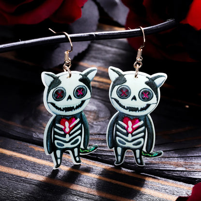 Cute skeleton cat Halloween earrings for women, featuring vibrant colors and playful design