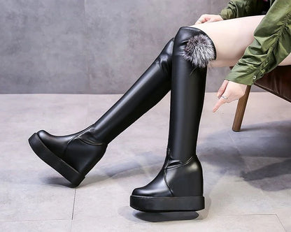 Knee Thigh High New In Women's Boots Genuine Leather Fur Long Shoes for Women Winter 2025 Wedges Chunky Platform Heeled Black