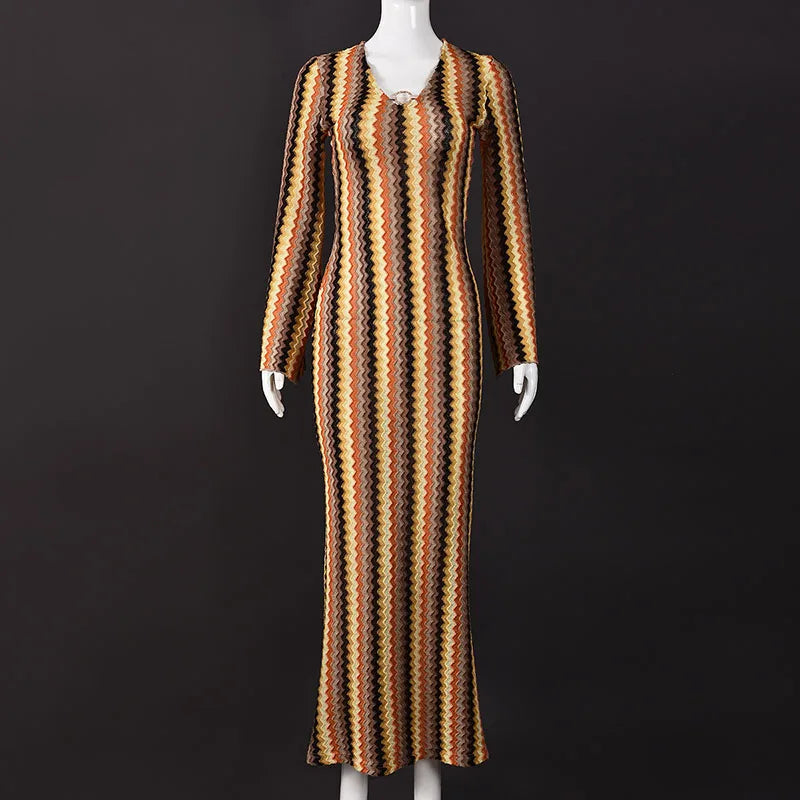 Autumn Colorful Striped Printed Dress Beach Wrap Hip Long Sleeve Party Dress Sexy Lady V Neck High Waist Slim Holiday Dress