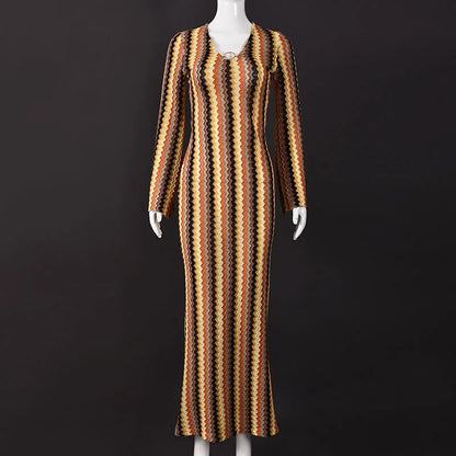 Autumn Colorful Striped Printed Dress Beach Wrap Hip Long Sleeve Party Dress Sexy Lady V Neck High Waist Slim Holiday Dress