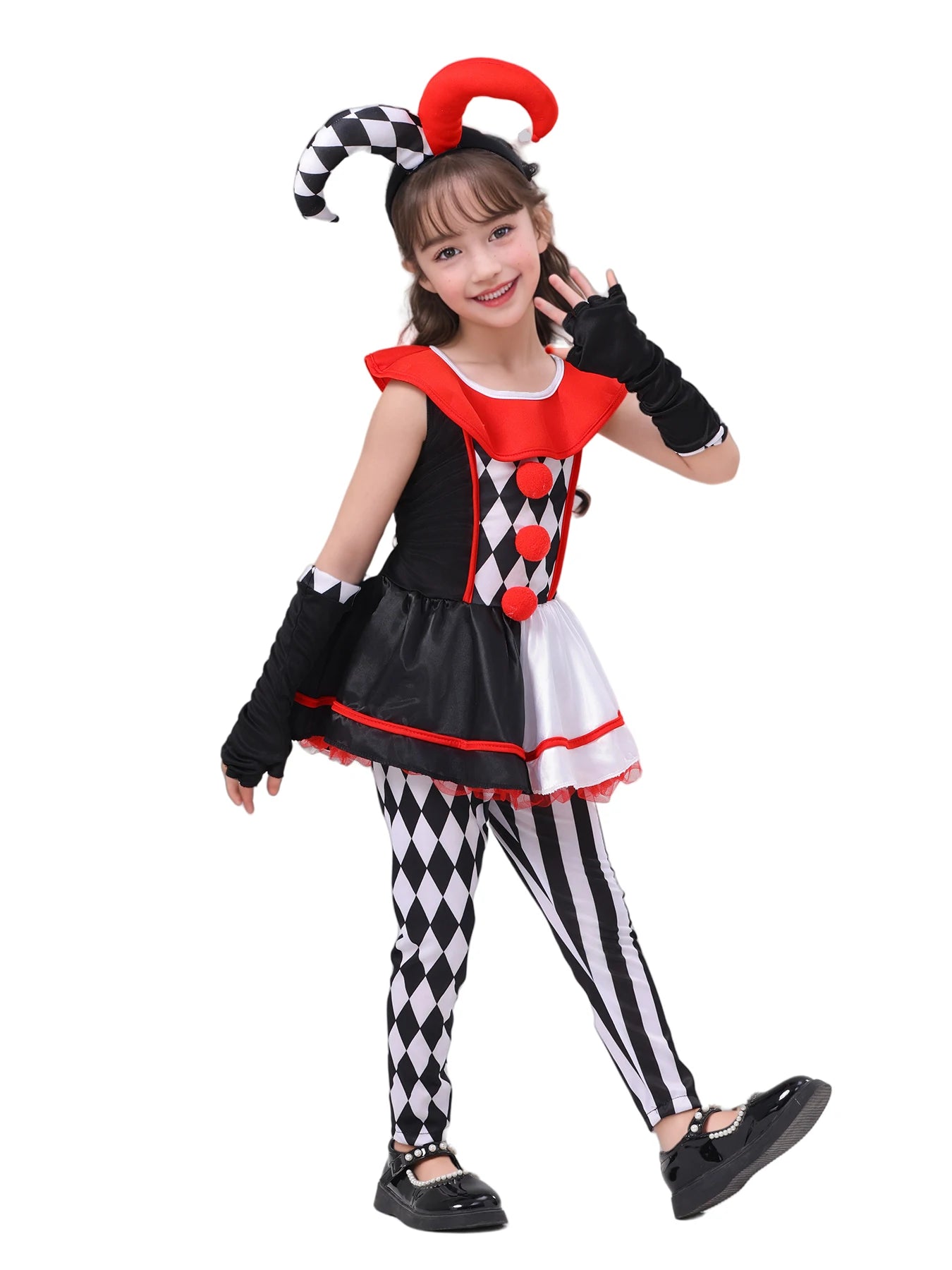 Girls jester clown costume featuring a red and black dress with harlequin leggings and playful accessories