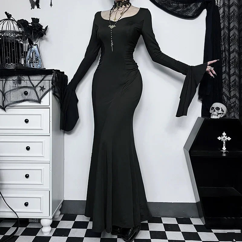 Cosplay Wednesday Dress Lady Halloween Costume for Women Sexy Long Fishtail Skirt Female Pagoda Sleeve Christmas Family Part # 1