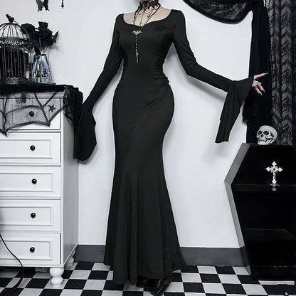 Cosplay Wednesday Dress Lady Halloween Costume for Women Sexy Long Fishtail Skirt Female Pagoda Sleeve Christmas Family Part # 1