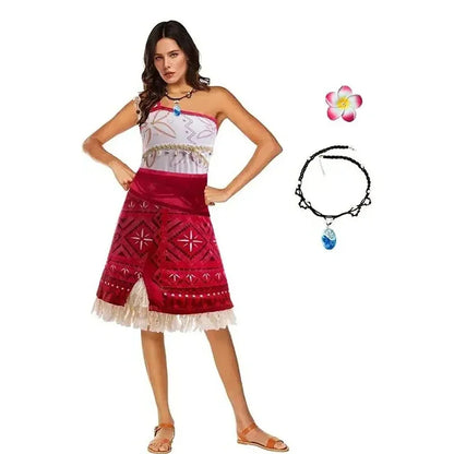 Moana cosplay costume for women featuring a red dress and accessories for a complete look