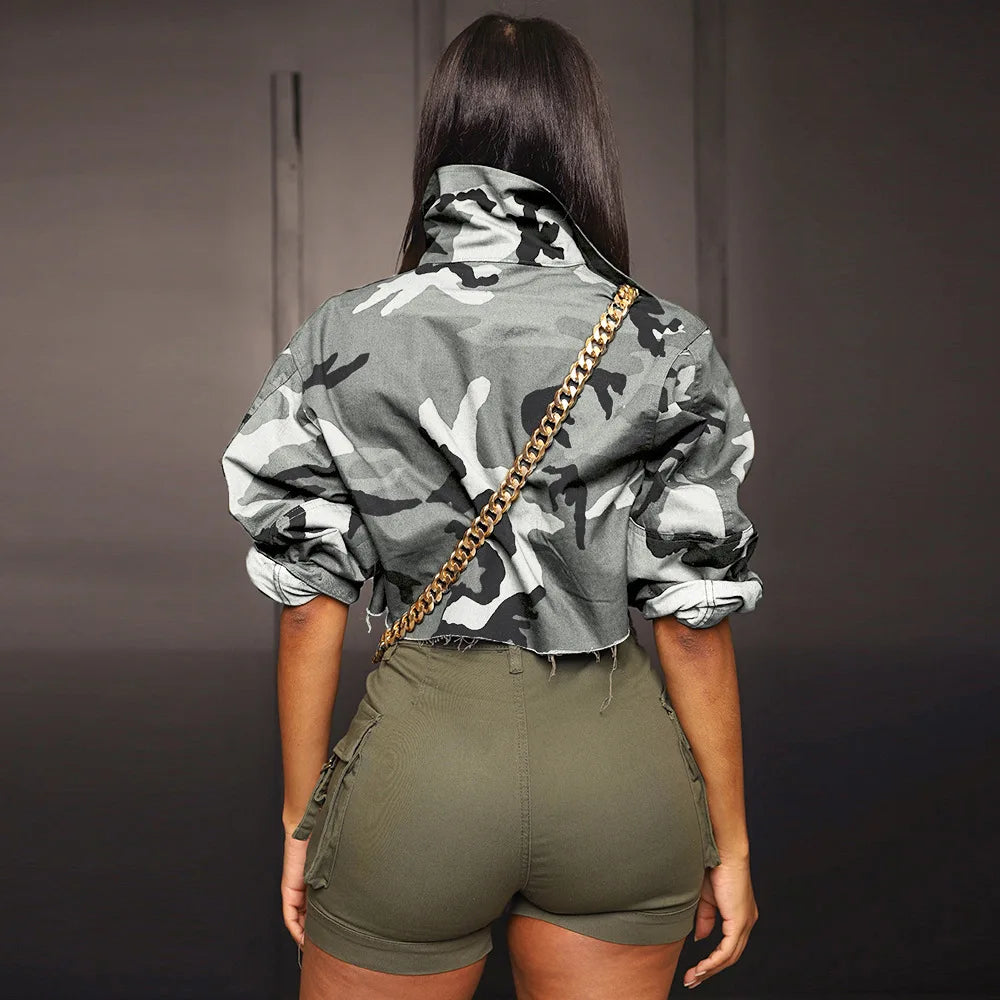 Women's Clothes Coats Casual Fashion Camouflage Print Large Pocket Lapel Long Sleeve Short Jacket for Women