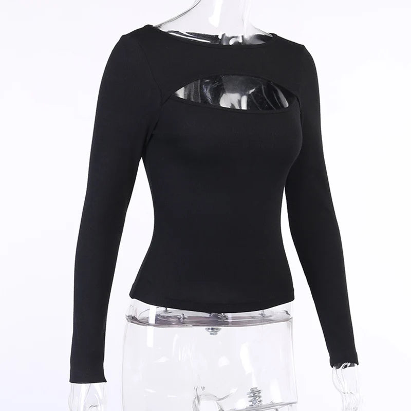 Autumn Women tshirt Hollow Out Solid Black White Long Sleeve Knitted Tee Tops Casual Slim O Neck 2020 Fashion t shirt