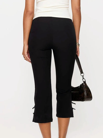 Women Capri Pants Solid Color Bow Decor Summer Casual Cropped Pants Stretch Crop Leggings