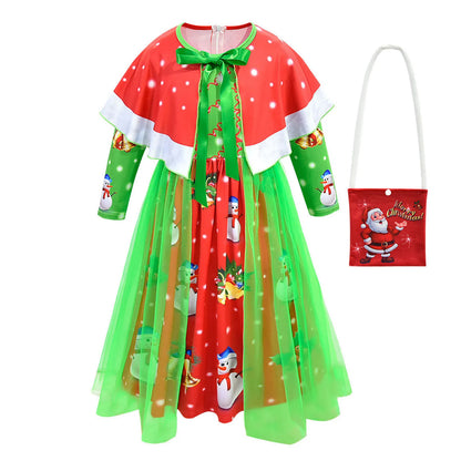 Toddler Kids Girls Cute Infant Christmas Cartoon Prints Costume Cosplay Party Dresss Shawl Outfits Children Xmas Fancy Dress Up