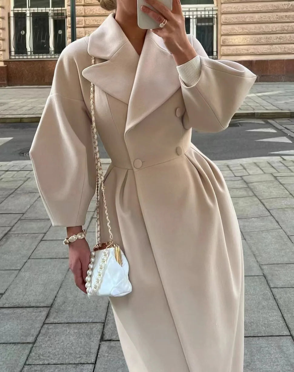Winter Coat for Women Elegant Lantern Sleeve Lapel Collar Trench Coats Vintage Chic Long Jackets Overcoat 2023 Luxury Outwear
