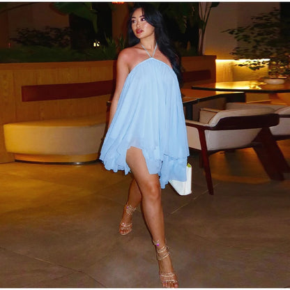 Elegant Halter Ruffles Short Dress Women Loose Solid Strapless Sleeveless Backless Dresses 2025 Summer Lady Beach Vacation Robes