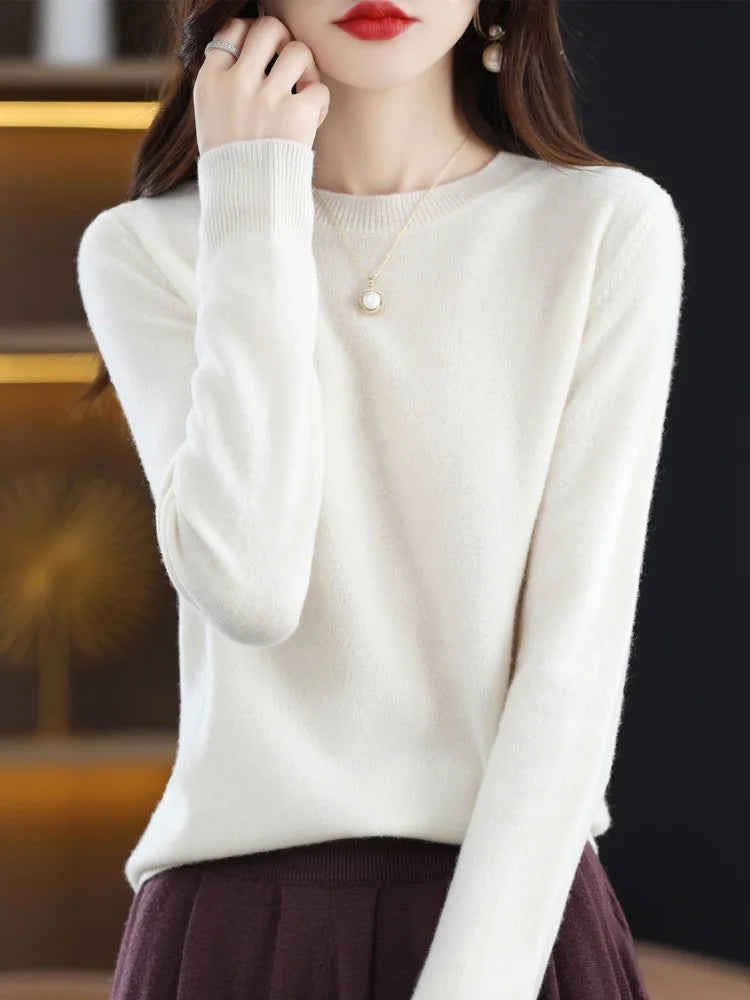 Fashion 100% Merino Wool Sweater Elegant Cashmere Pullover Women O-Neck Long Sleeve Knitwear Basic Clothing  Jumper Tops