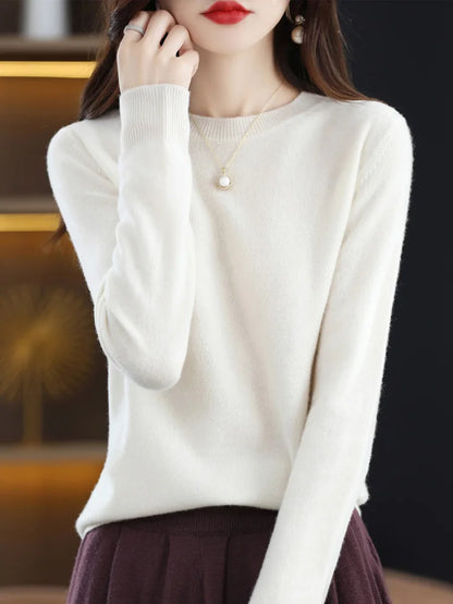 Fashion 100% Merino Wool Sweater Elegant Cashmere Pullover Women O-Neck Long Sleeve Knitwear Basic Clothing  Jumper Tops