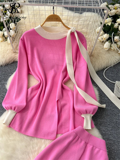 SINGREINY Office Lady Autumn Two Pieces Suits Ladies O Neck Lantern Sleeve Lace Up Top+Elastic Long Pants Fashion Knitting Sets