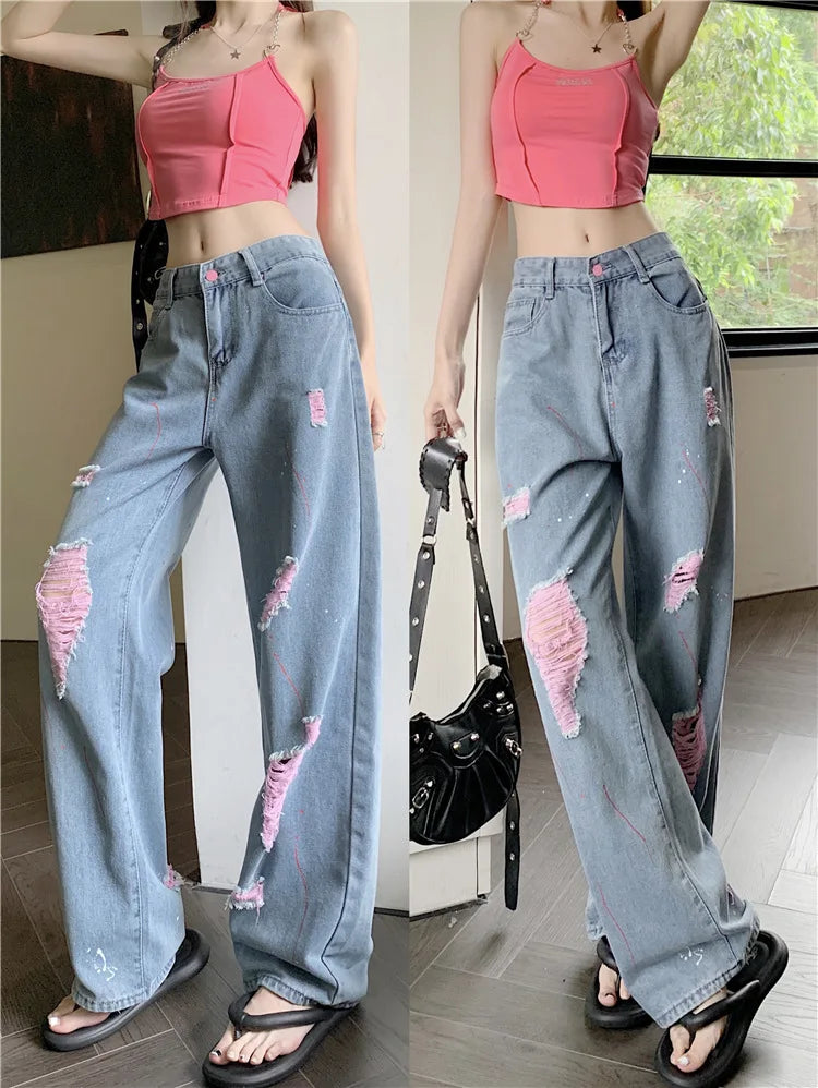 Jeans Women Ripped Niche Design 2025 Summer New High-waisted Slimming Loose Casual Straight Wide-leg Pants