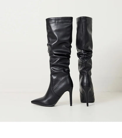 2025 Winter Knee Boots With Heels Woman 10CM Stiletto Fashion Slip on Pointy Autumn Shoes Women Soft Leather Pleated Long Boots