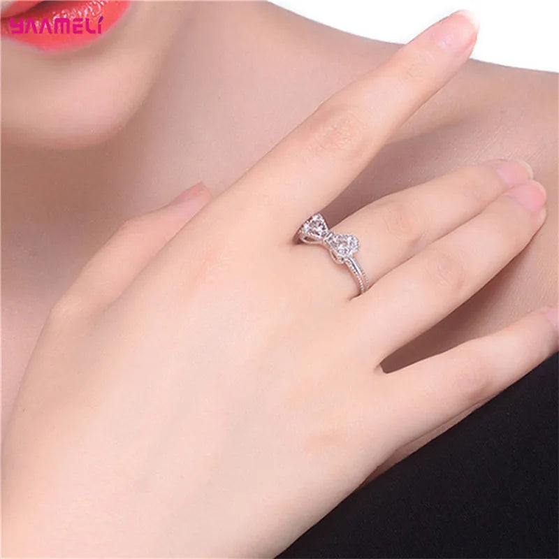 Sparkling 925 Sterling Silver Color Wedding Rings for Women Cubic Zircon Crystal Bowknot Fashion Engagement Ring