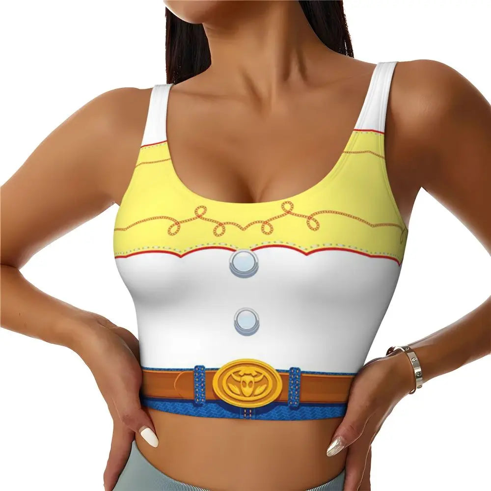 Toy Story Jessie sports bra featuring yellow and white design with cowboy belt detail