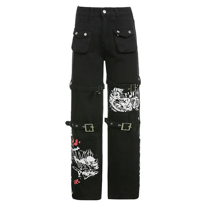 Women'S Trousers Low-Rise Gothic Jeans Street Washed Print Style Cool Loop Pants Retro Hip Hop Wide-Leg Pants Harajuku Fashion