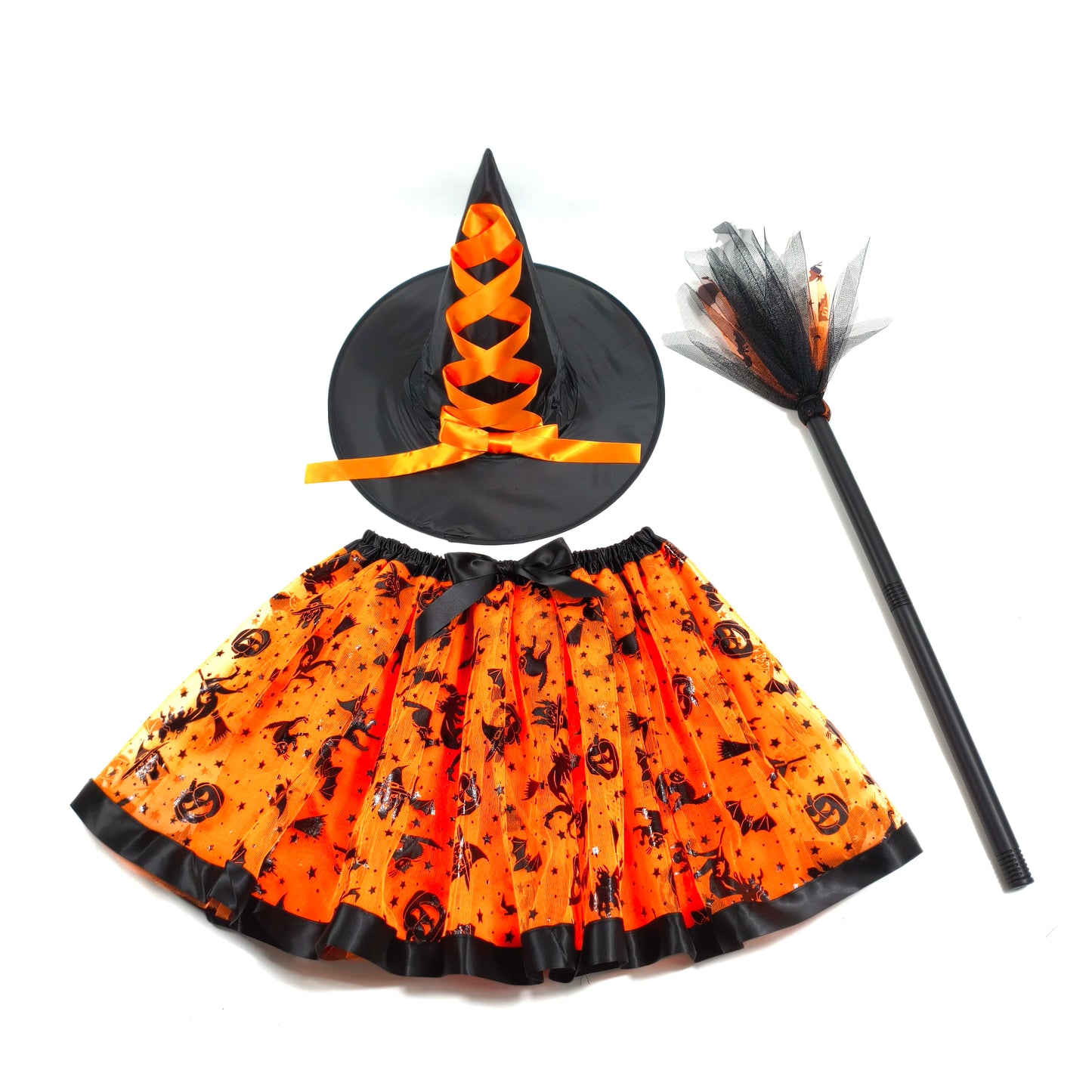 Halloween Adults Women Bat Pumpkin Witch Costume Set Tulle Skirt Hat Broom Skirt 3pcs/set,for Halloween Carnival Party Cosplay