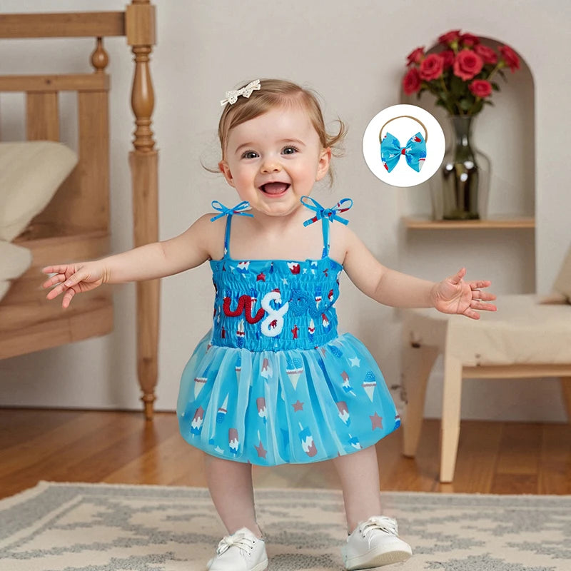 Infant Girls Patriotic Romper Dress with Sleeveless Design Embroidered Letters and Matching Headband for Independence Day