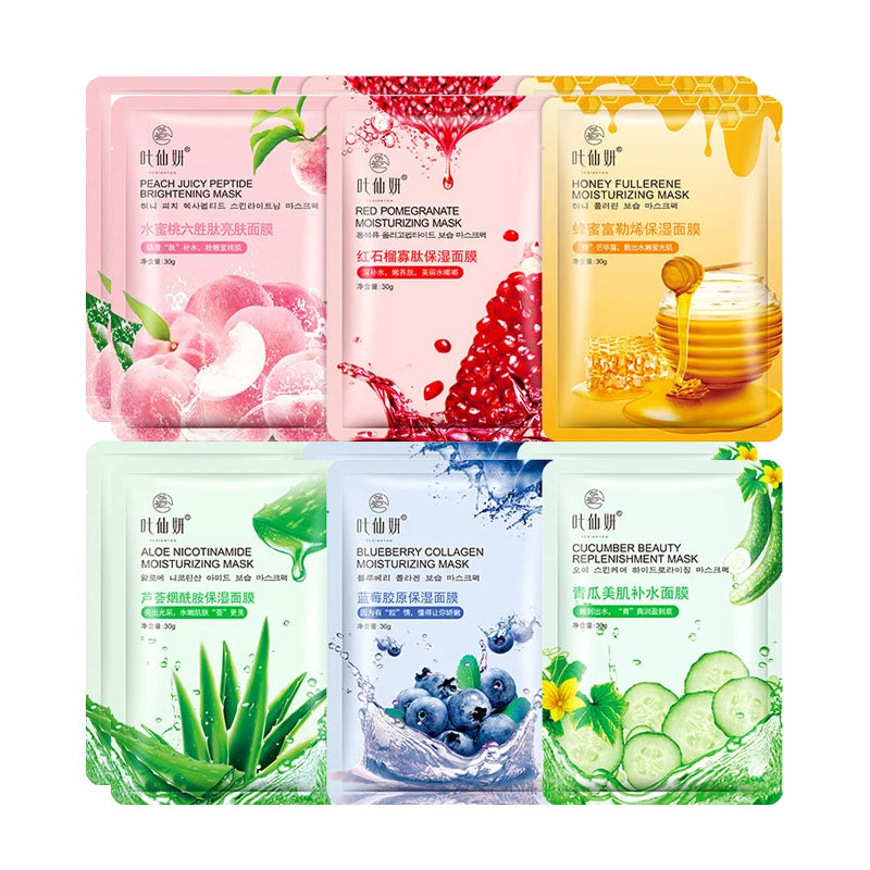 12 Pieces Blueberry Facial Masks Aloe Cucumber Peach Fresh Fruit Moisturizing Face Mask Sheets for Beauty Facial Skin Care