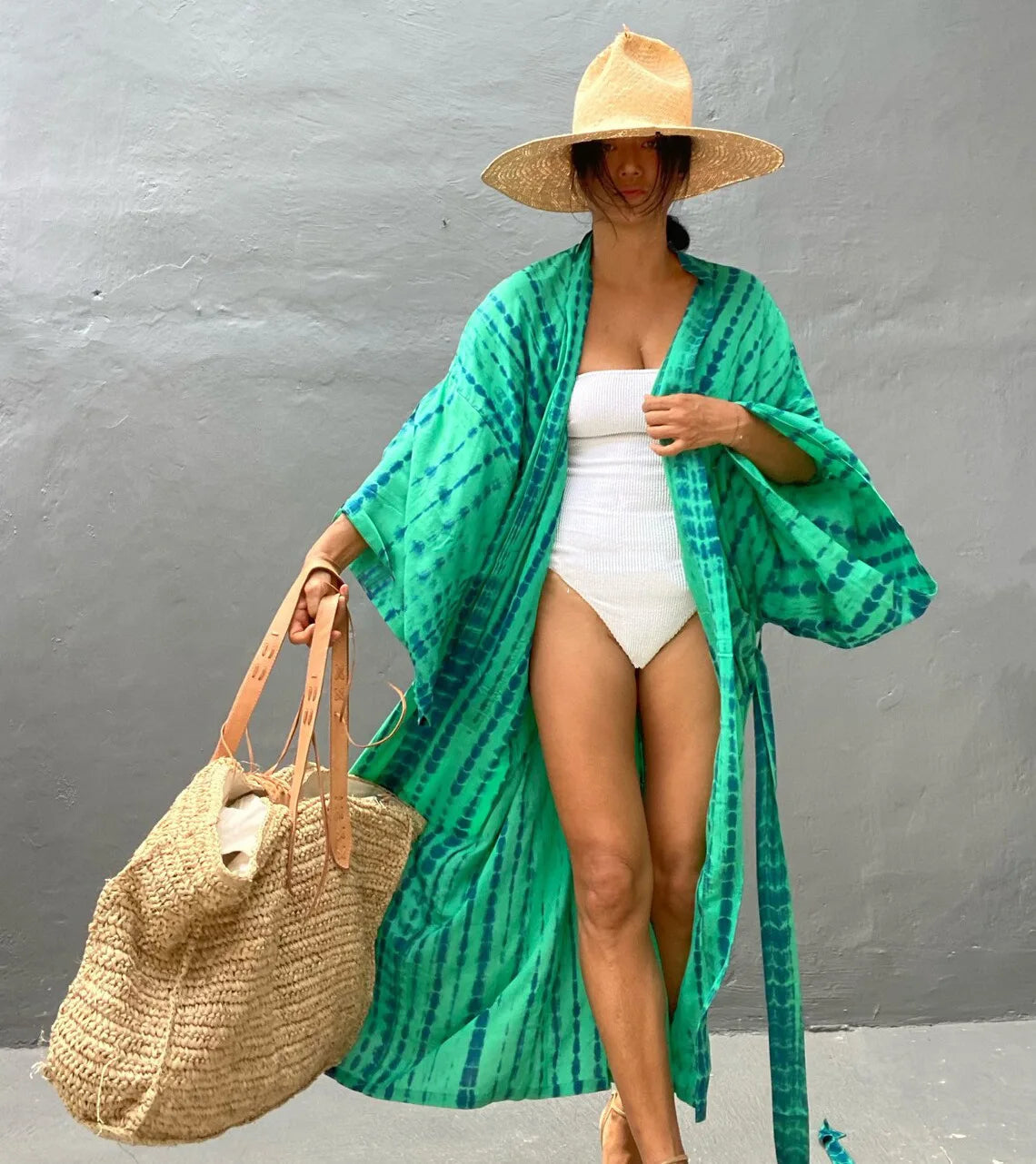 2023 Women's Boho Stripe Tie Dye Swimsuit Cover Up with Belt Tunic Sarong Cardigan Dress Bikini Cover-ups Beach Wear Kimono