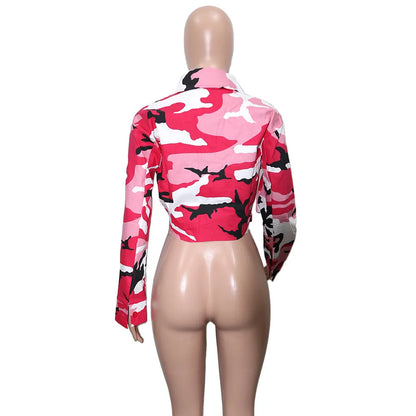 Women's Clothes Coats Casual Fashion Camouflage Print Large Pocket Lapel Long Sleeve Short Jacket for Women
