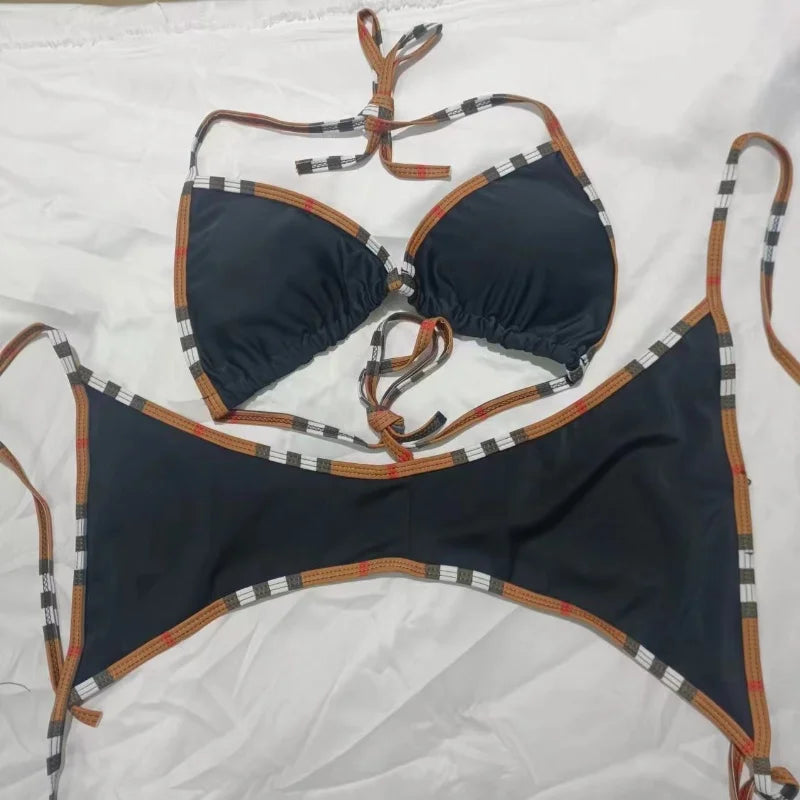 Summer Sexy Solid Color Women's Bikini Bra Thong 2 Piece Swimsuit Beachwear Brazilian Swimsuit Women's Lace-Up Side Biquini New
