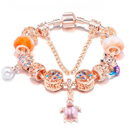 Spring Style Charms Bracelets For Women With Snake Chain Pink Daisy DIY Charms Beads Pendants Fashion Jewelry Dropshipping