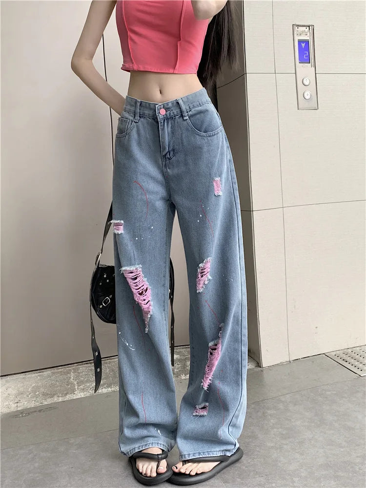 Jeans Women Ripped Niche Design 2025 Summer New High-waisted Slimming Loose Casual Straight Wide-leg Pants