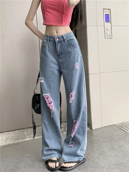 Jeans Women Ripped Niche Design 2025 Summer New High-waisted Slimming Loose Casual Straight Wide-leg Pants