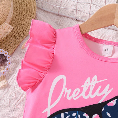 Kids Clothes Sets For Girls Pink Graffiti Print Fly-Sleeve Clothes And Print Shorts Children's Fashion 2PCS For Girls 4-7 Years