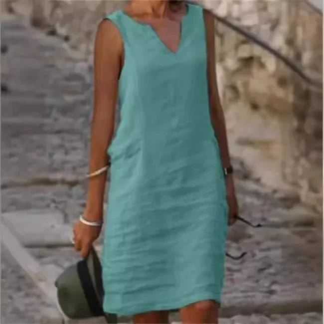 New Pure Color V-Neck Sleeveless Large Size Casual Linen Dress Comfortable Breathable Women's One-Piece Summer Dresses
