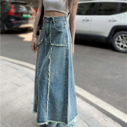 Retro High Waist Denim Skirt For Women Streetwear Y2k Korean Style Skirt Splicing Raw Edge Jeans With Pockets Large Size Skirt