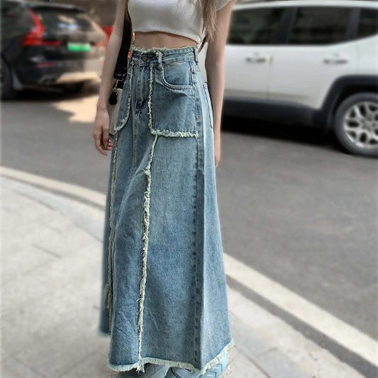 Retro High Waist Denim Skirt For Women Streetwear Y2k Korean Style Skirt Splicing Raw Edge Jeans With Pockets Large Size Skirt
