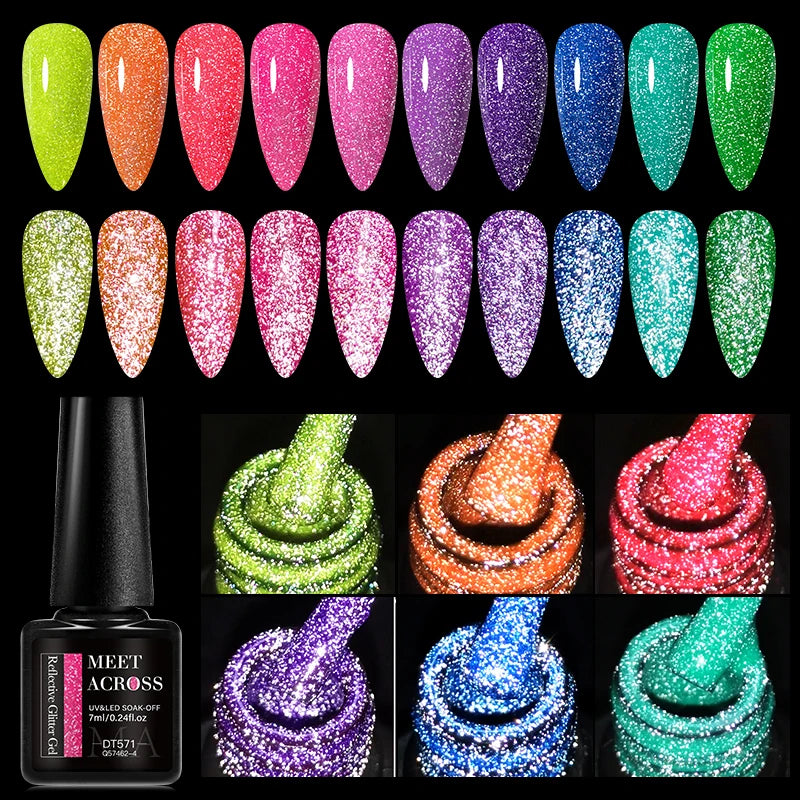 MEET ACROSS 7ml Pink Fluorescent Reflective Gel Nail Polish Glitter Neon Semi Permanent UV LED Gel Nail Art Varnish Manicure