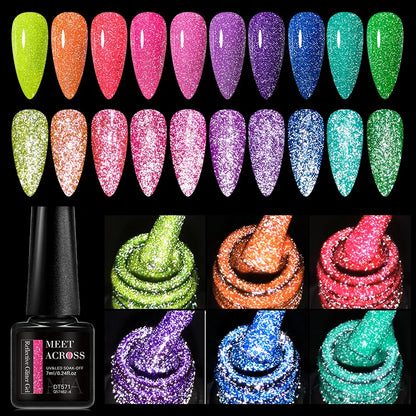 MEET ACROSS 7ml Pink Fluorescent Reflective Gel Nail Polish Glitter Neon Semi Permanent UV LED Gel Nail Art Varnish Manicure