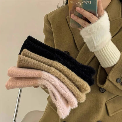 Soft Winter Half Finger Gloves Women Warm Luxury Solid White Plush Knitted Fingerless Gloves Wrist Mittens Writting